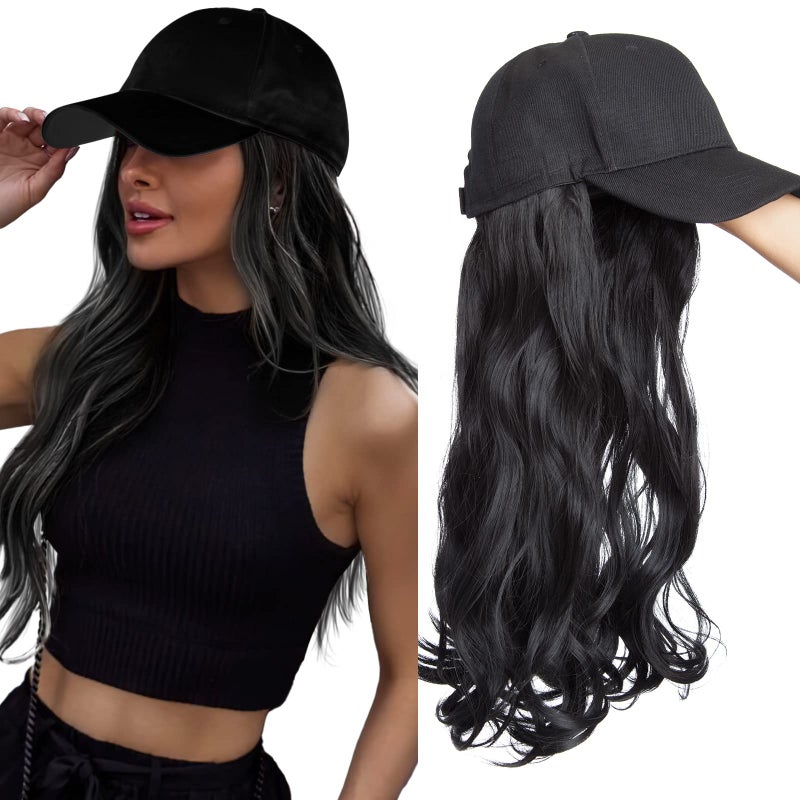 SEGO Baseball Cap with Hair Extensions for Women Heat Resistant Synthetic 16 Inch Adjustable Long Wavy Hairpiece Replacement Wigs in Hat for Girls1A